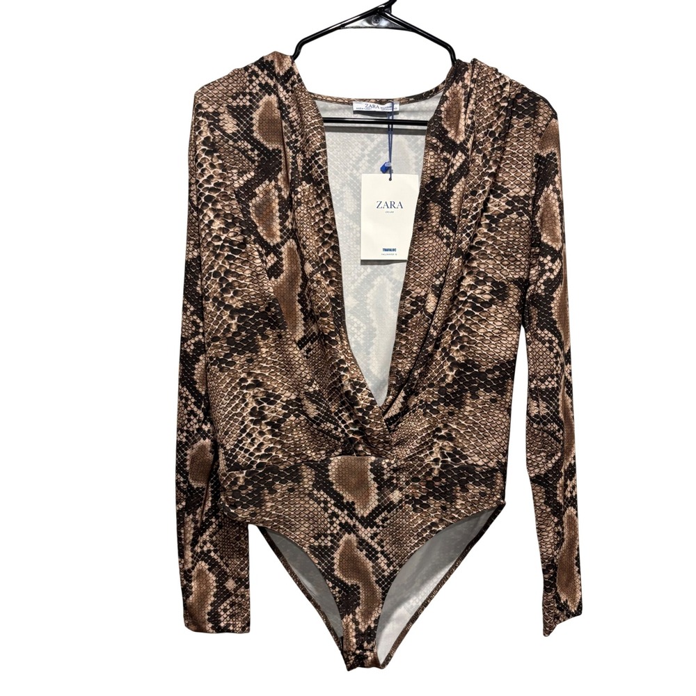 Zara Bodysuit Womens Medium Brown Snakeskin Deep V-Neck Long Sleeve